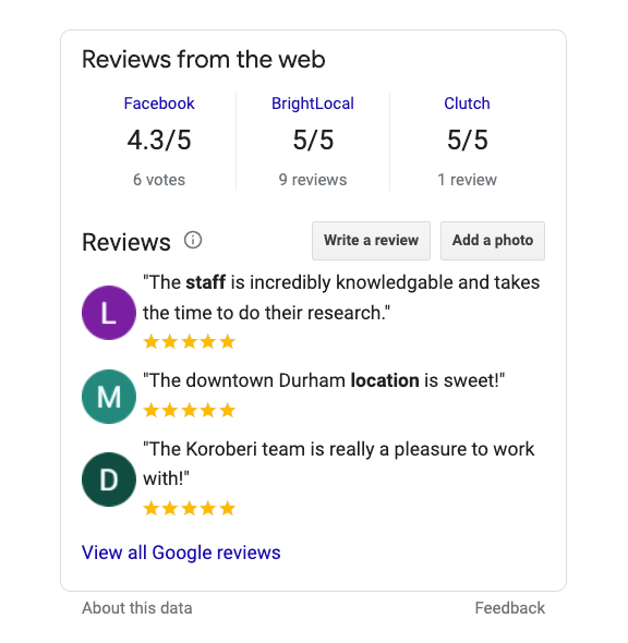 Close-up of reviews on Koroberi's Google My Business profile