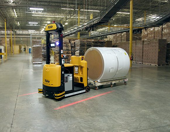 Yale Relay automated tow tractor transporting a load